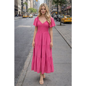 August Sky Pink Smocked Midi Dress Bright Feminine Flutter Coquette Valentines S